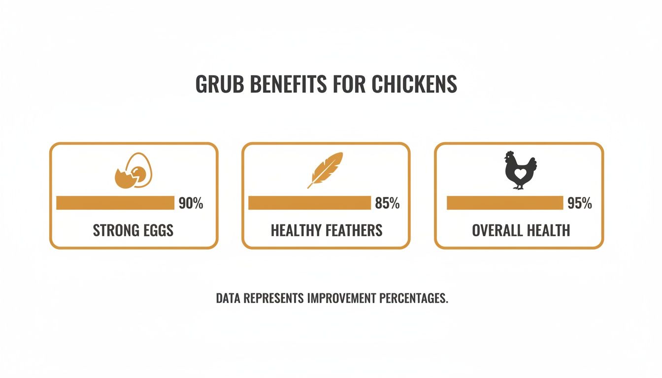 Infographic showing grub benefits for chickens: 90% strong eggs, 85% healthy feathers, 95% overall health.