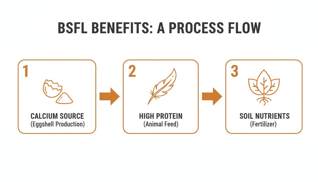 Diagram illustrating the three key benefits of Black Soldier Fly Larvae: calcium source, high protein, and soil nutrients.