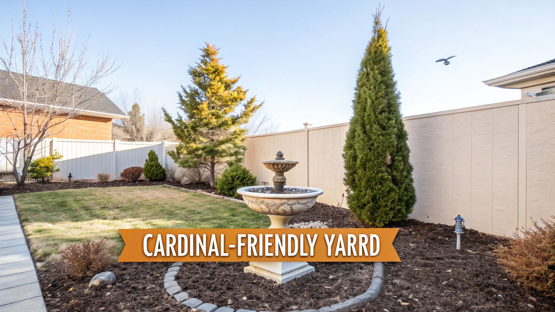 A landscaped backyard featuring a decorative stone fountain, a green lawn, and various trees and shrubs, bordered by a fence.