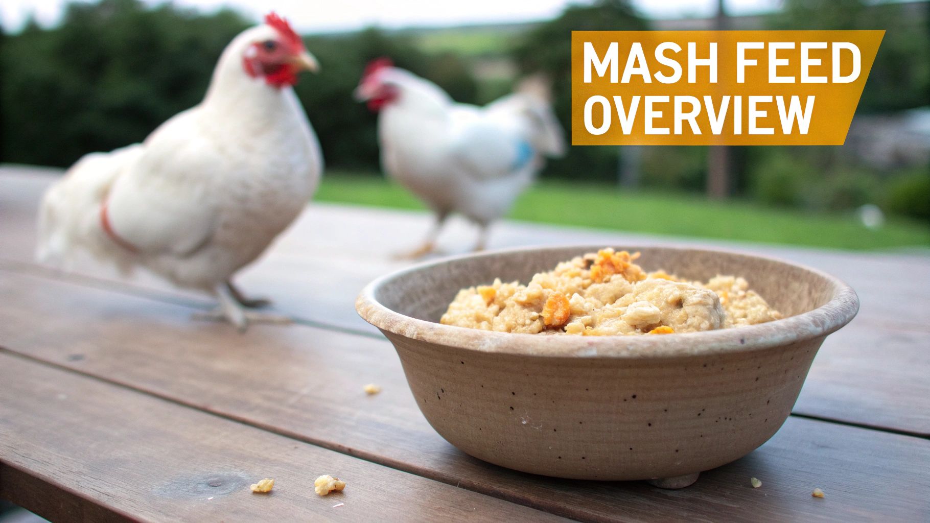 Chickens eating mash feed