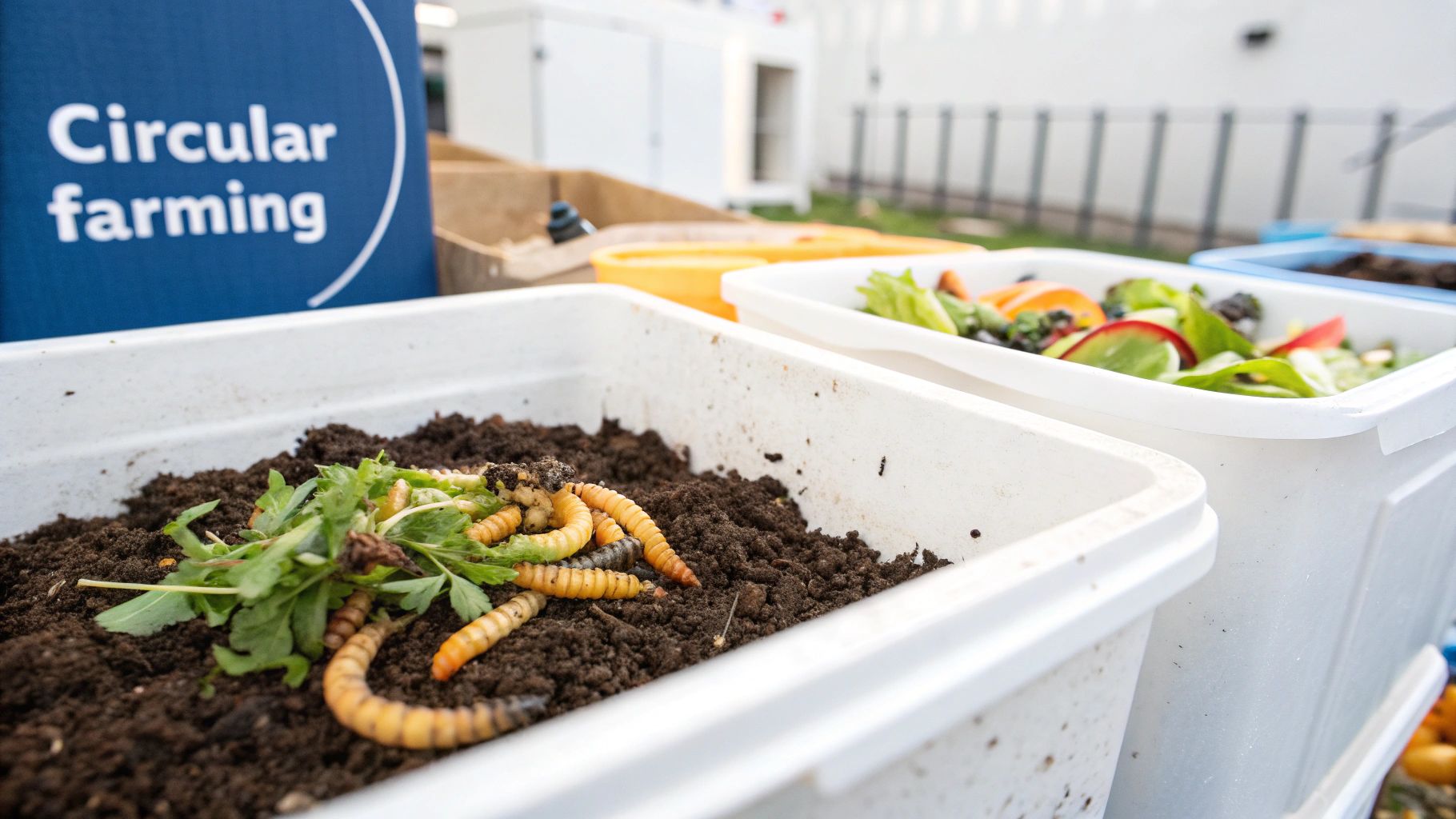 Circular farming display showing mealworms consuming greens in soil with fresh salad vegetables nearby