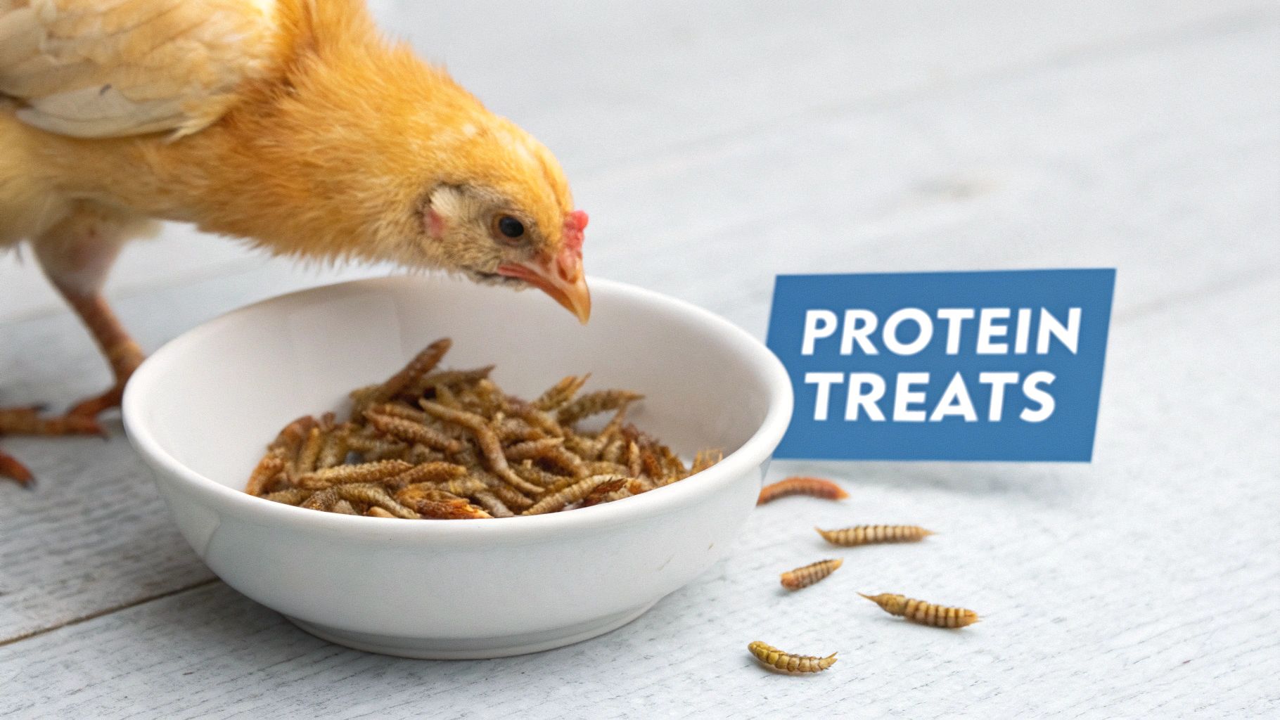 A cute yellow chick pecking at a bowl of mealworms on a light wooden surface, beside a "PROTEIN TREATS" sign.