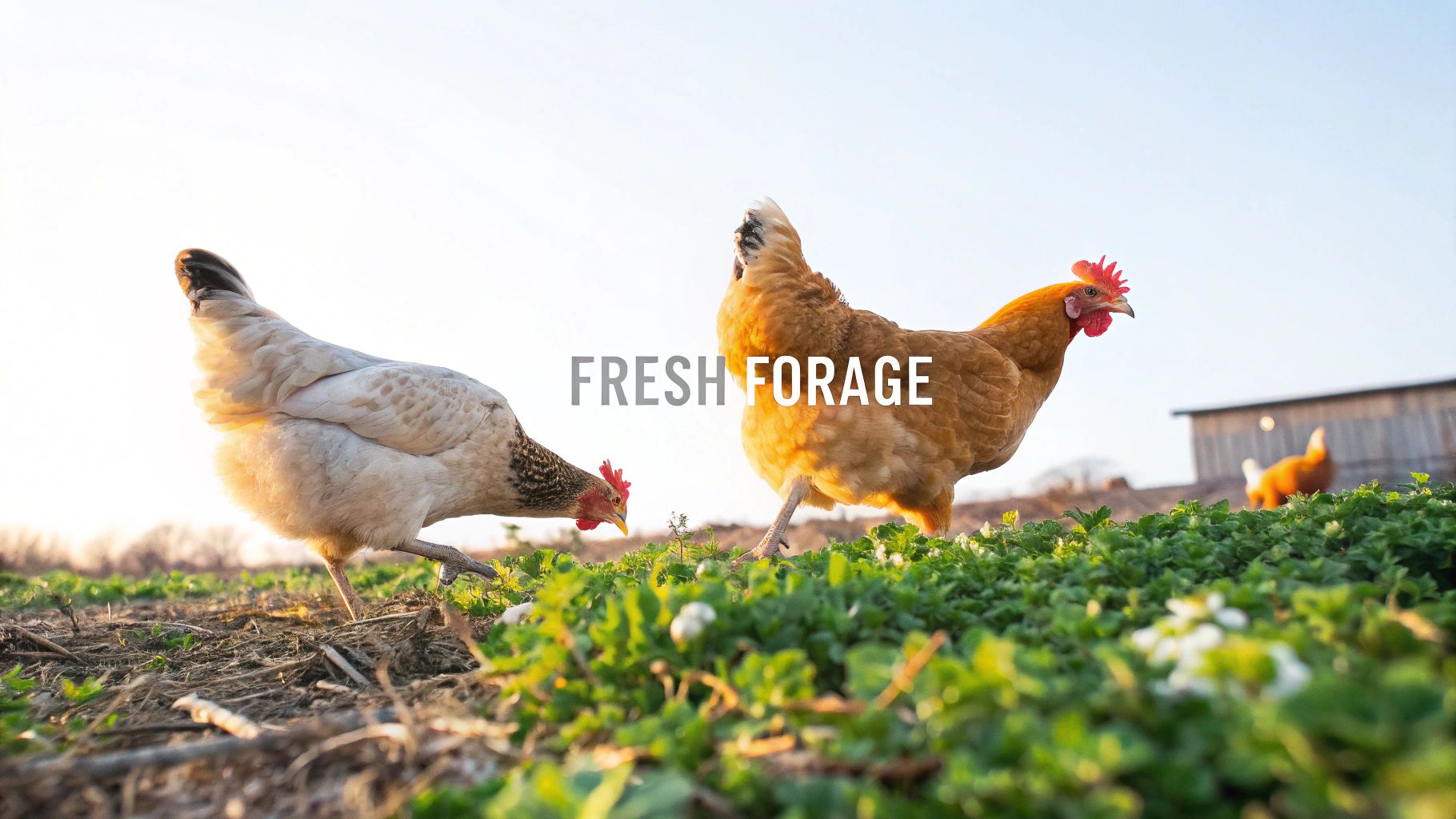 Two free-range chickens, one light and one golden, happily forage on lush green grass outdoors.