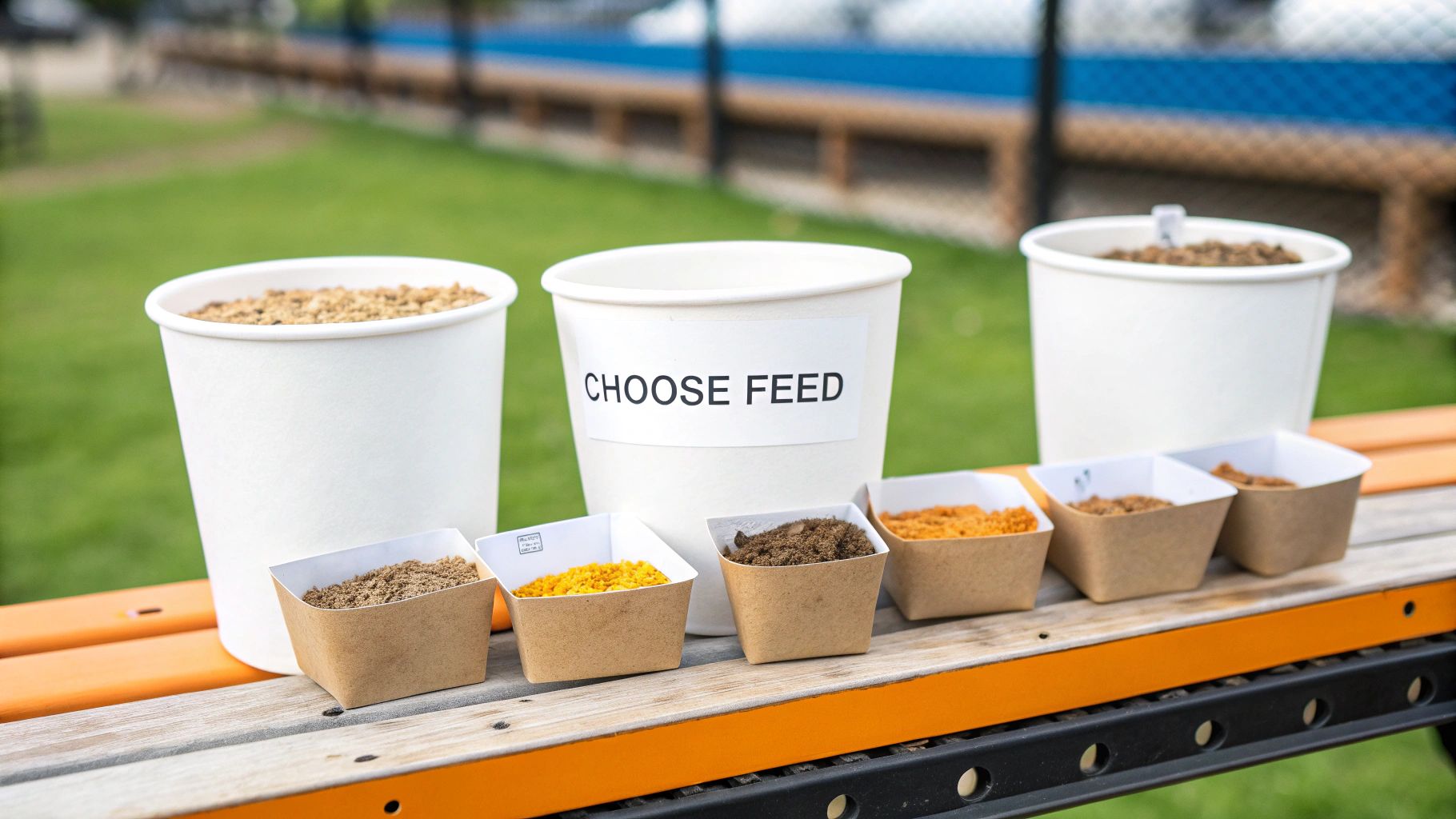 Bags of different types of commercial chicken feed lined up in a store aisle.