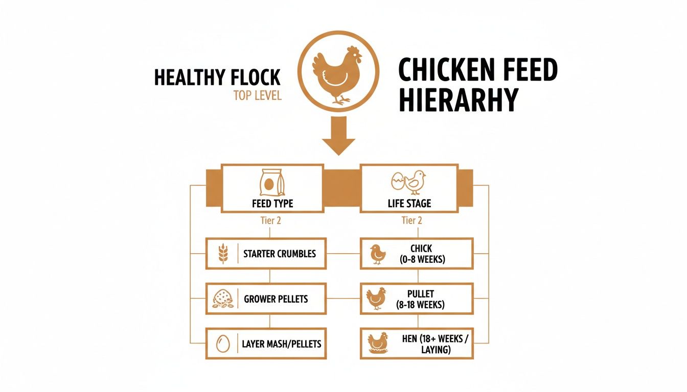 Diagram showing chicken feed types matched to specific life stages for a healthy flock.