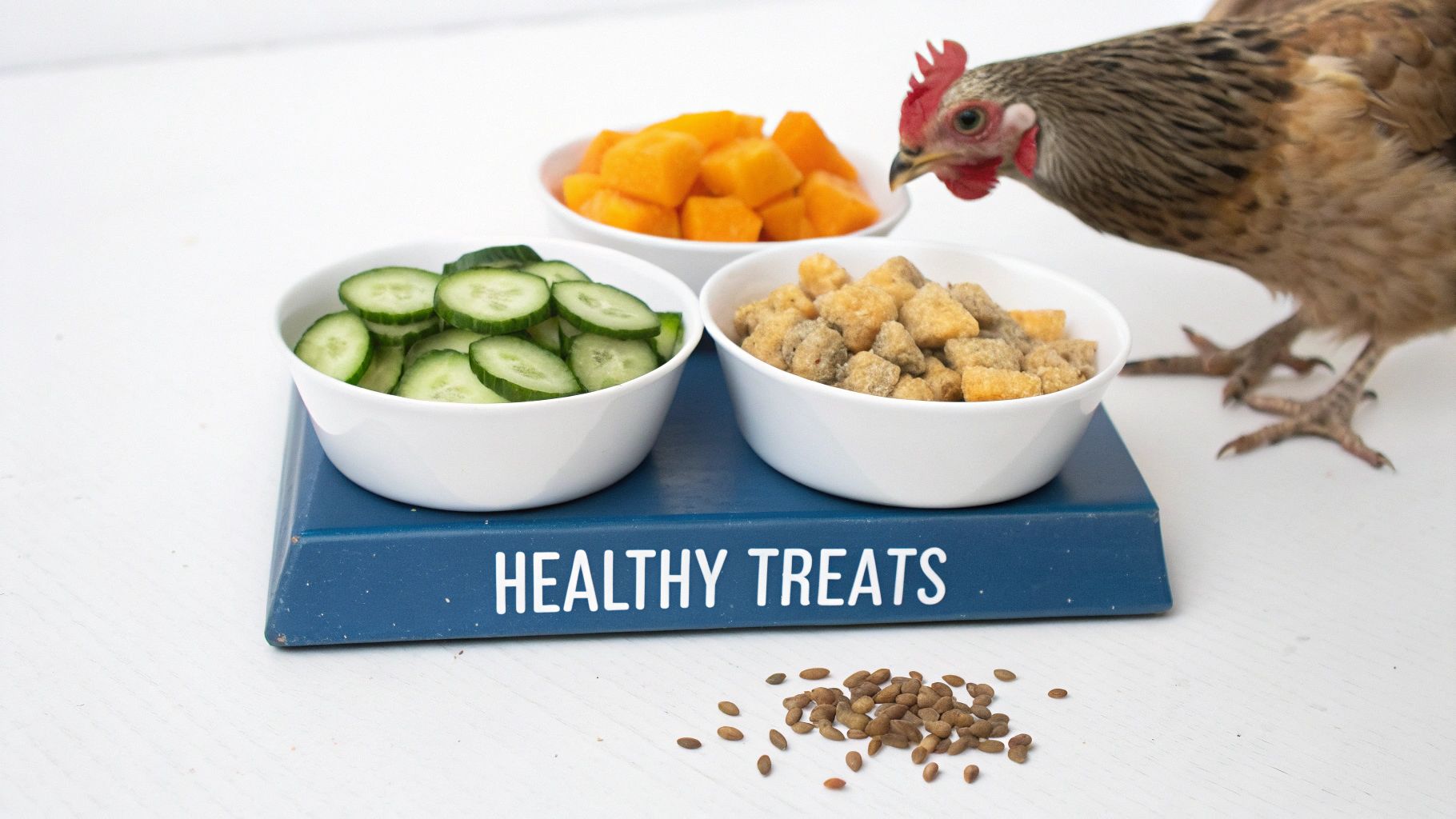 A chicken observes three bowls of healthy treats: sliced cucumbers, diced squash, and small kibble, with seeds on the table.