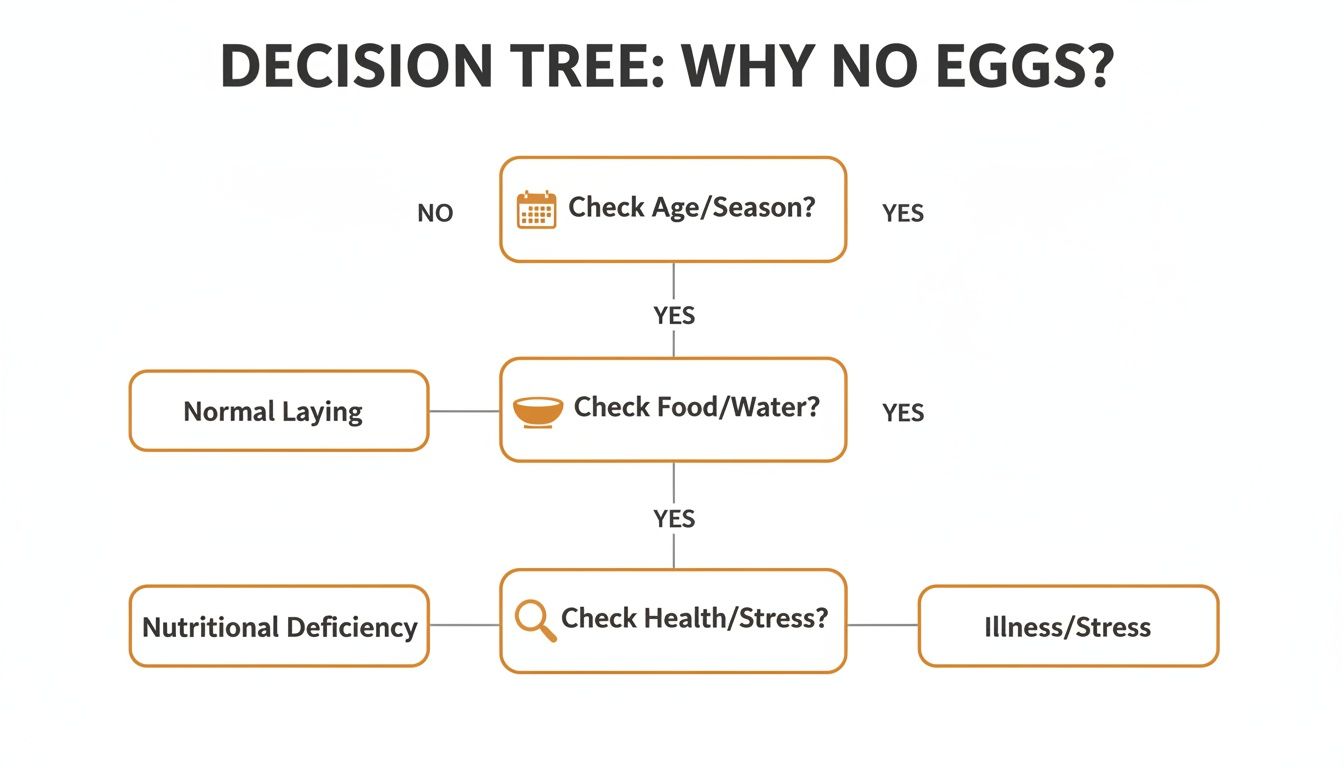 Decision tree flowchart illustrating reasons for chickens not laying eggs based on age, food, and health.