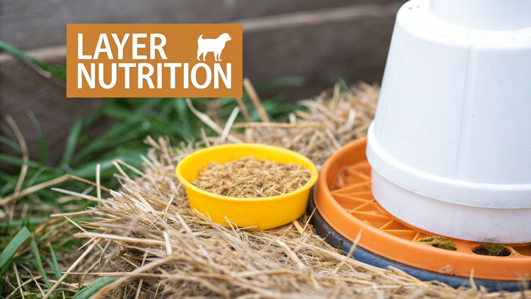 A close-up of a chicken feeder, a yellow bowl of layer feed on hay, with 'LAYER NUTRITION' text.