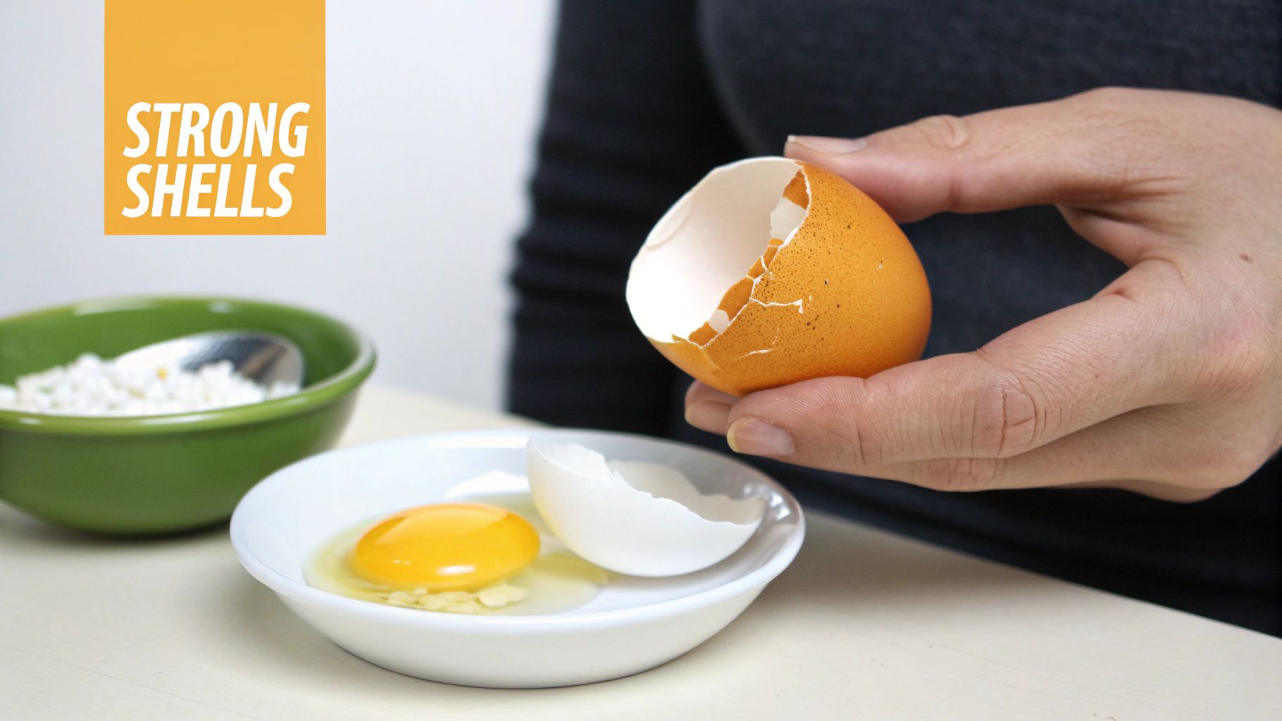 A person holds a cracked brown eggshell over a bowl with a raw egg, emphasizing strong shells.