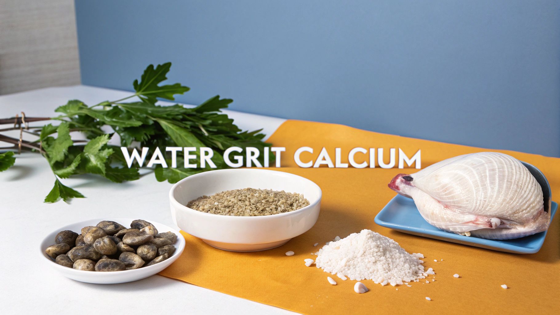 Grit, calcium, fresh greens, small mushrooms, and a large shell, essential natural supplements for turkeys.
