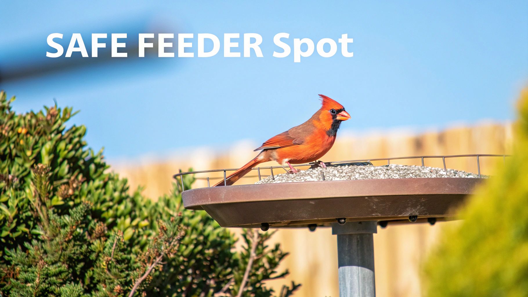 A vibrant red cardinal perches on a bird feeder filled with seeds under a blue sky, ideal as a safe spot.
