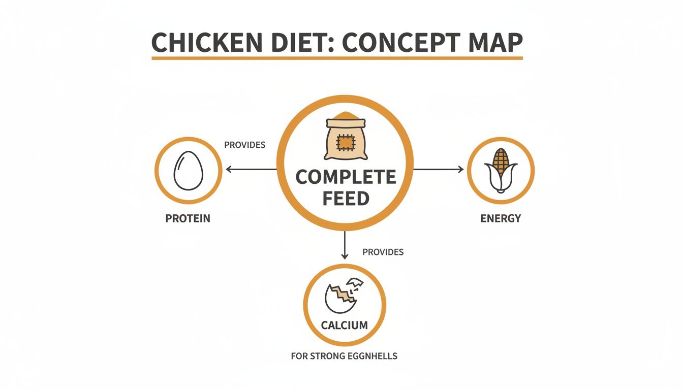 A concept map showing that complete chicken feed provides protein, energy, and calcium for strong eggshells.