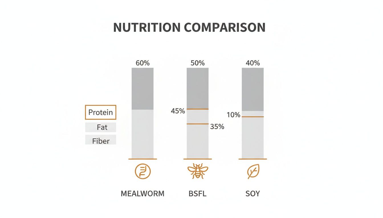 A bar chart comparing protein, fat, and fiber content across mealworms, BSFL, and soy.