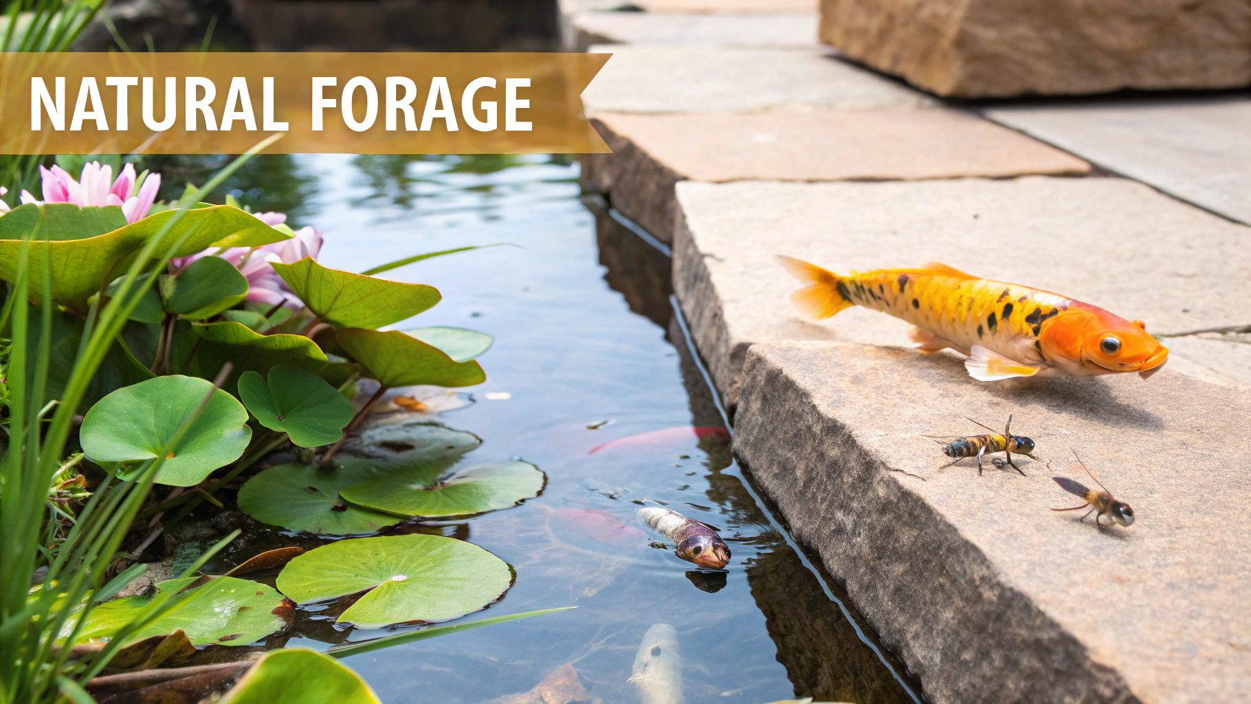 A vibrant pond scene with koi fish, water lilies, and insects on stone edging, illustrating natural forage.