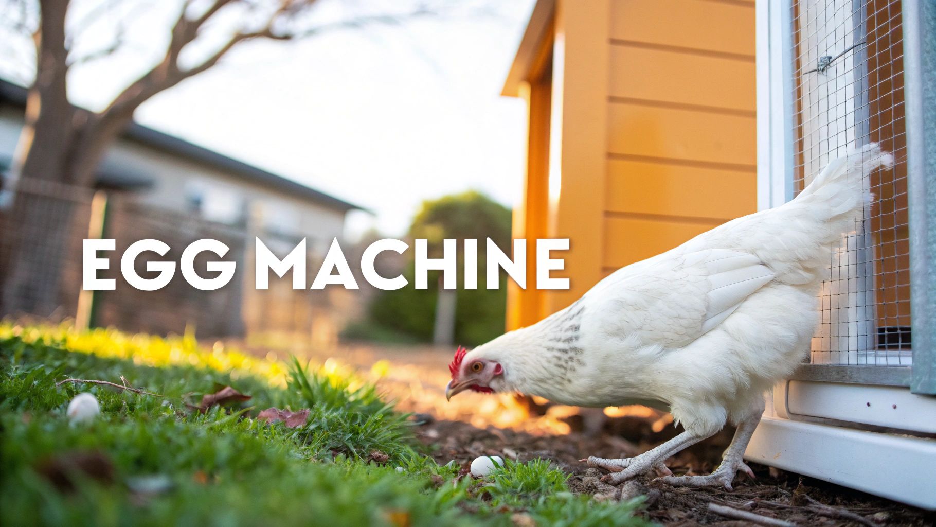 A white chicken with a red comb stands near an orange coop, looking at an egg on the grass.