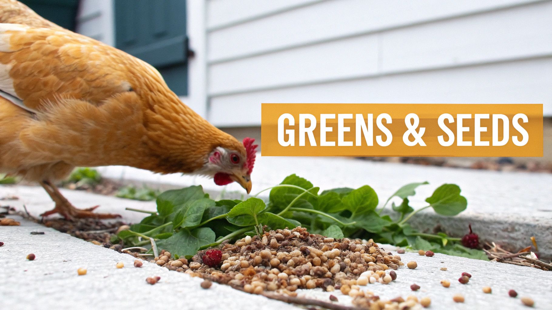 A brown chicken pecks at a pile of seeds and green leaves on the ground.