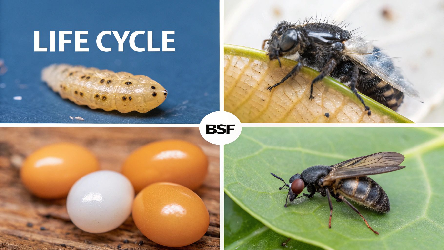 Four panels display the black soldier fly life cycle, including eggs, larva, and adult flies.