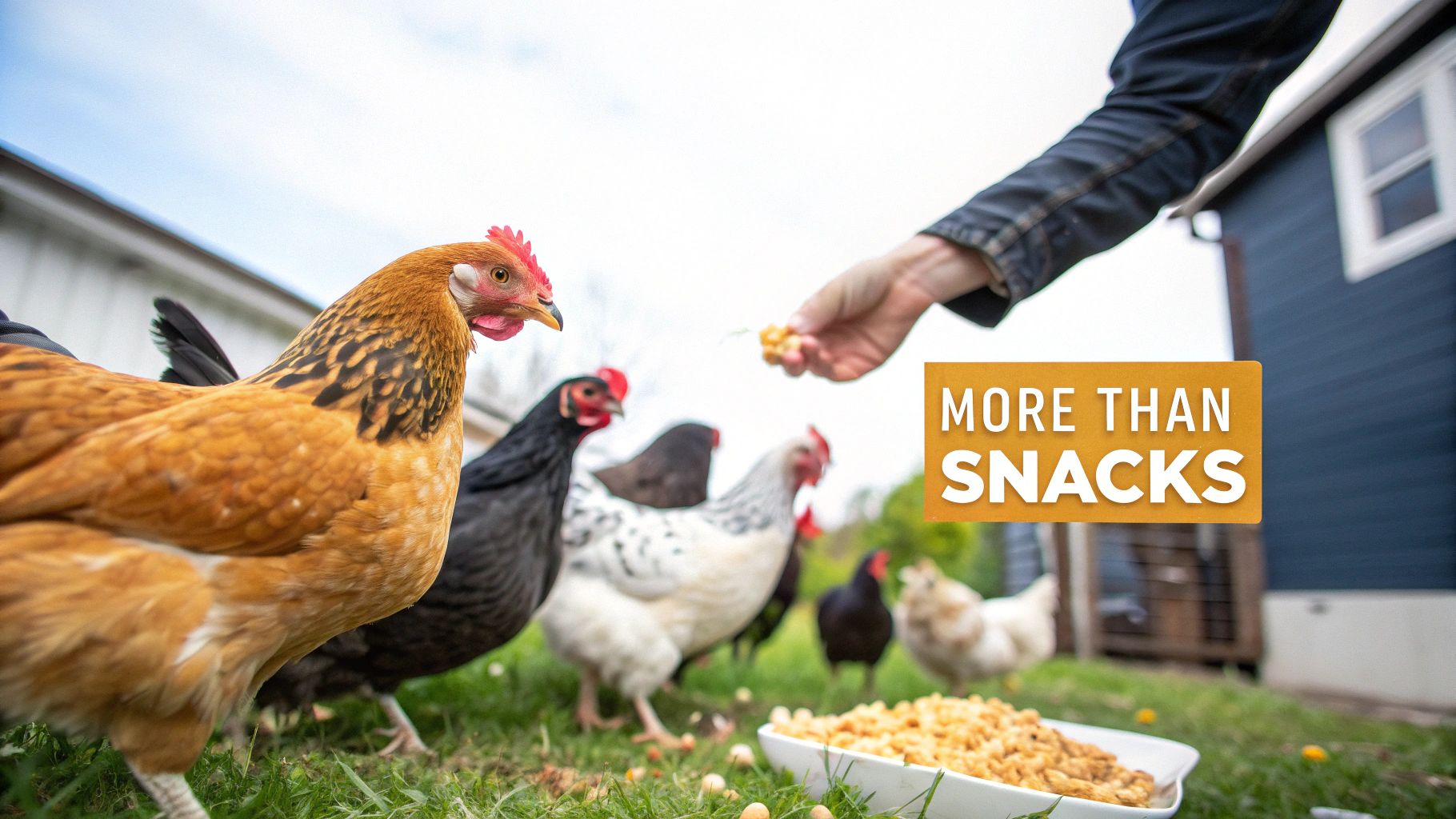 A person's hand offers yellow treats to a group of chickens in a grassy backyard, with a dish of food nearby.
