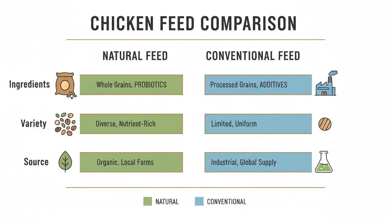 Infographic comparing natural versus conventional chicken feed across ingredients, variety, and source categories.