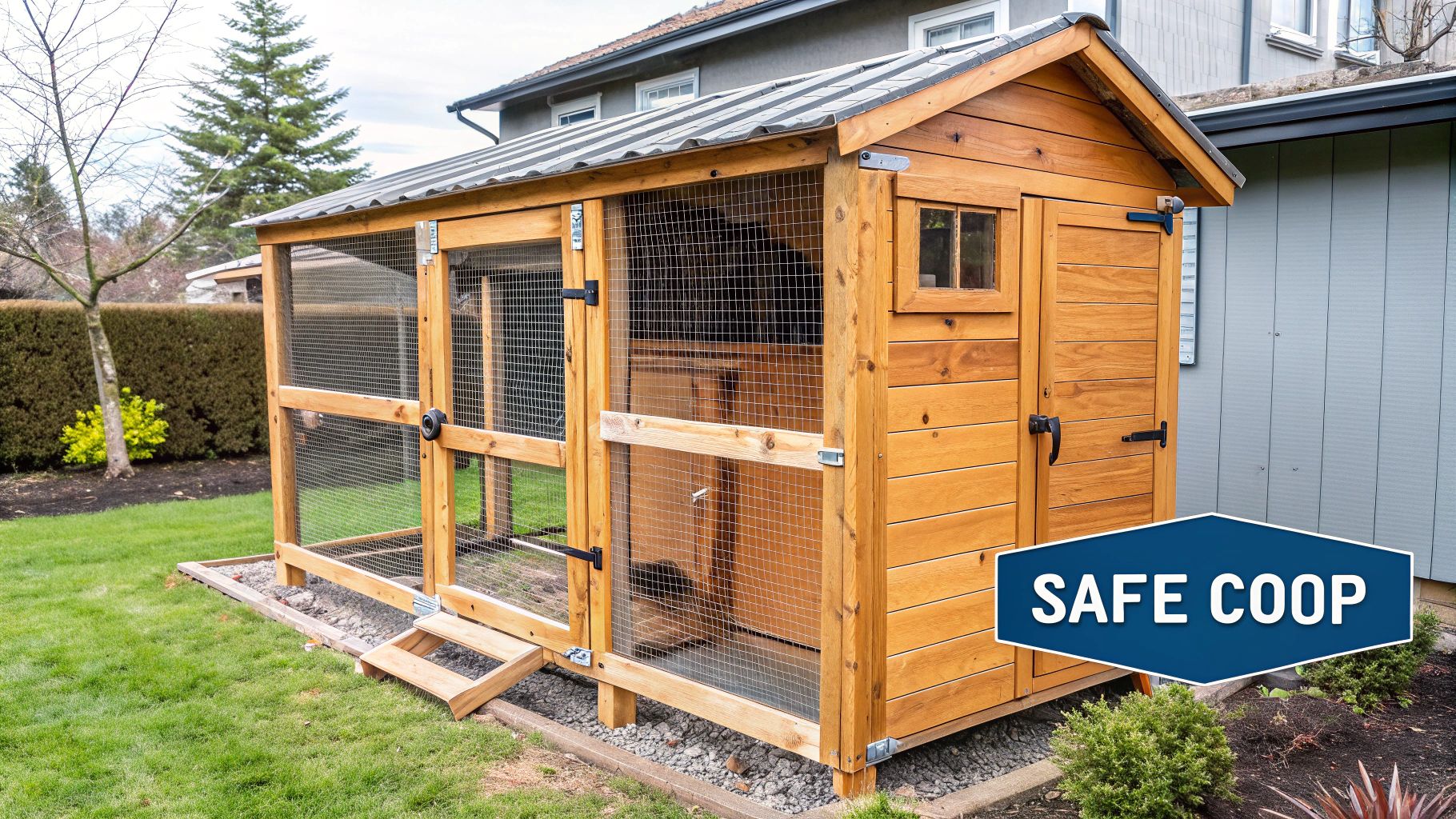 A rustic wooden chicken coop with a fenced run, surrounded by green grass and trees.