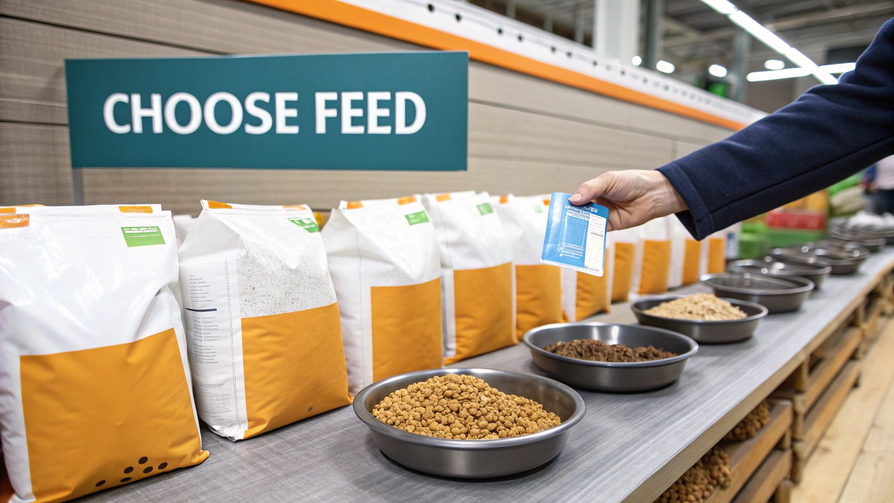 A person's hand holds a blue card while selecting from various animal feed options in bags and bowls.