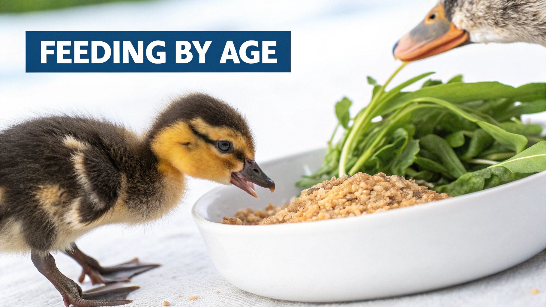 A mother duck leading her small ducklings through green grass