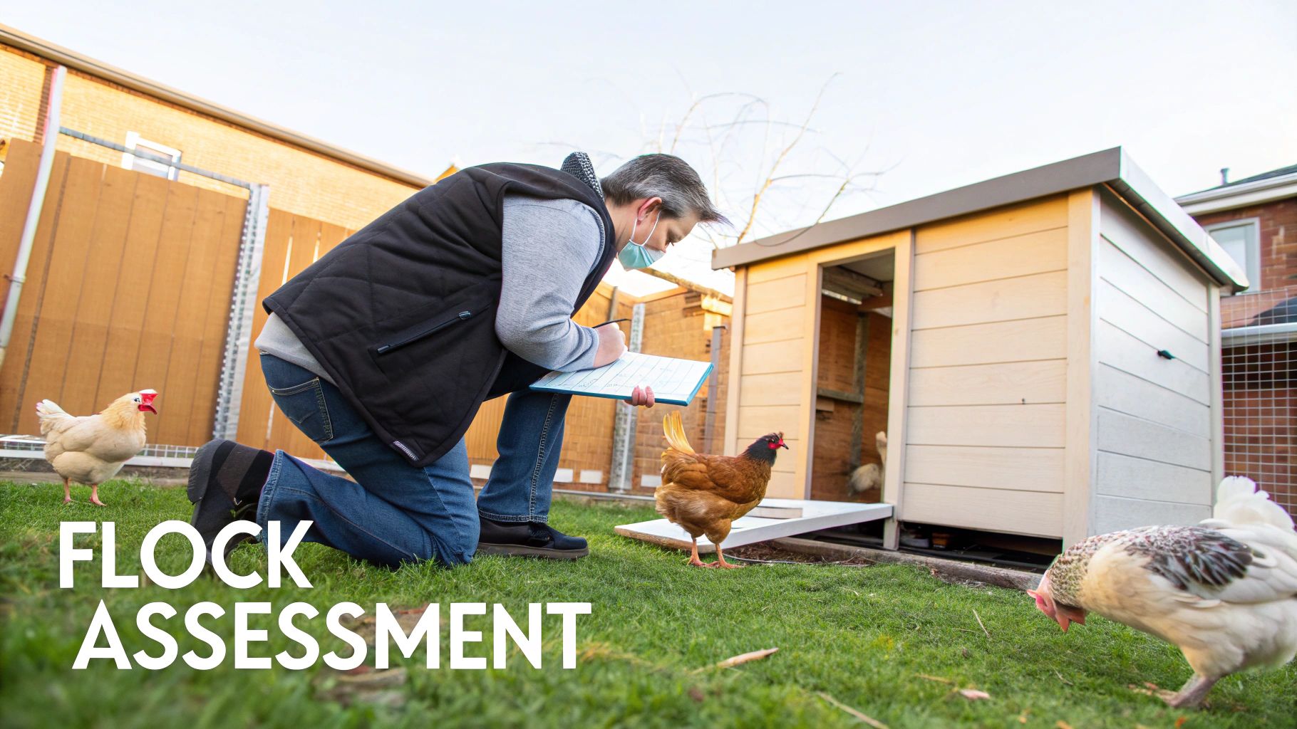 A person wearing a face mask kneels on grass, writing on a clipboard while assessing chickens near a coop.