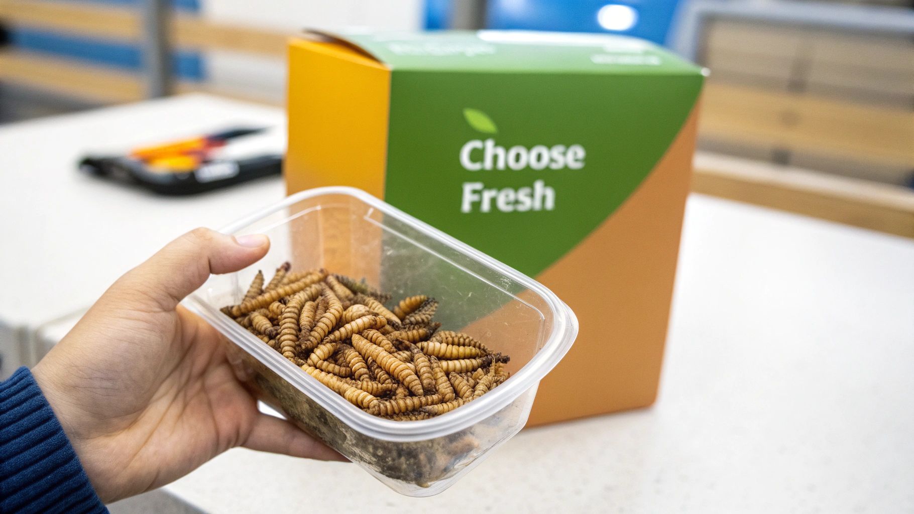 A hand holds a clear container filled with numerous black soldier fly larvae, next to a 'Choose Fresh' box.