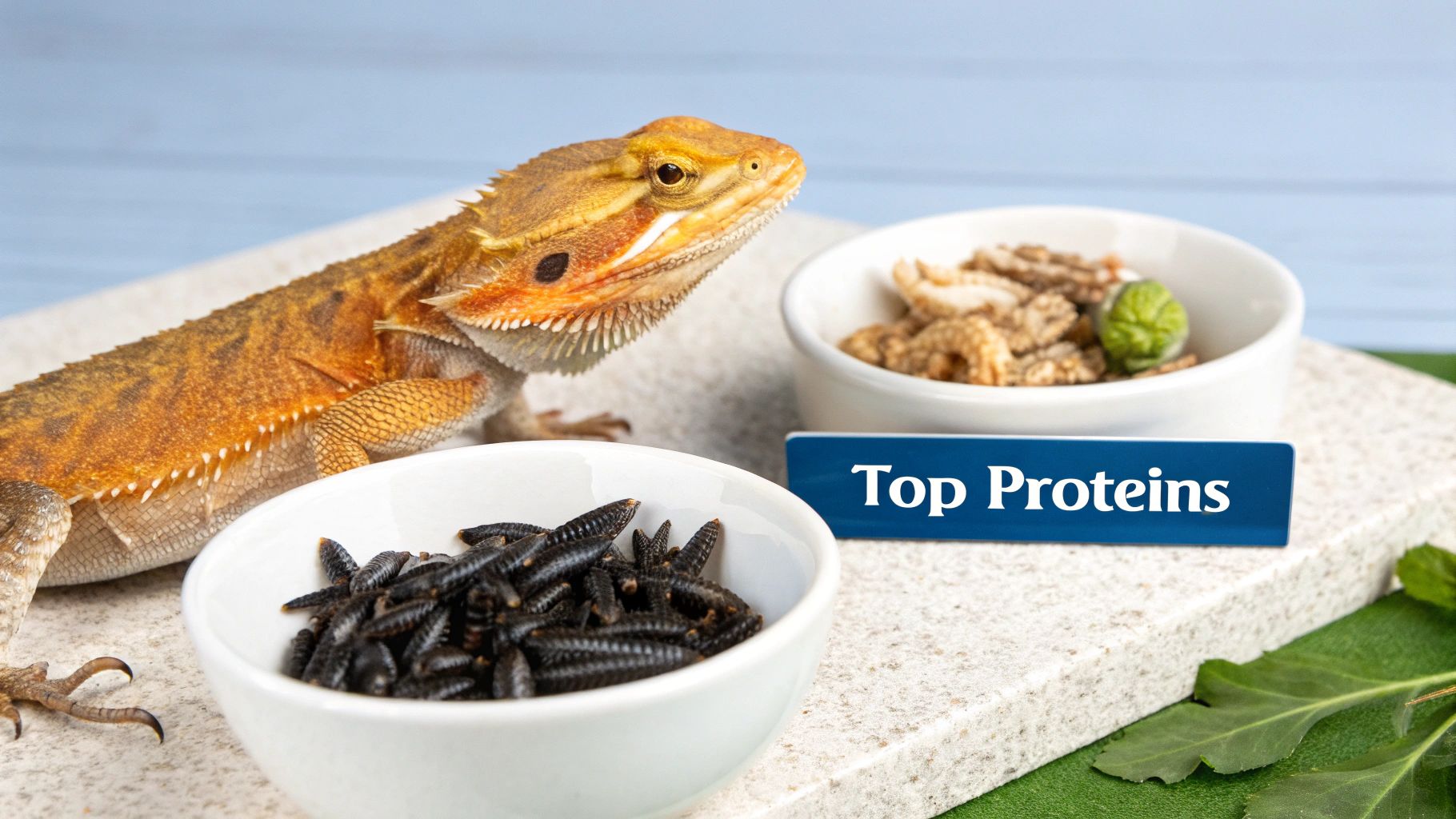 A vibrant orange bearded dragon observes two bowls filled with protein-rich insects on a feeding tray.