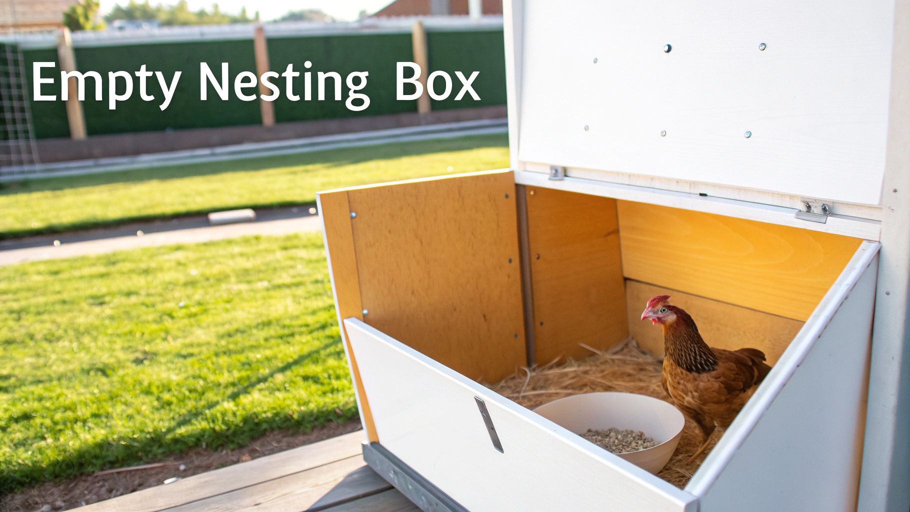 A brown chicken stands inside a white and wooden chicken coop nesting box with feed and hay.