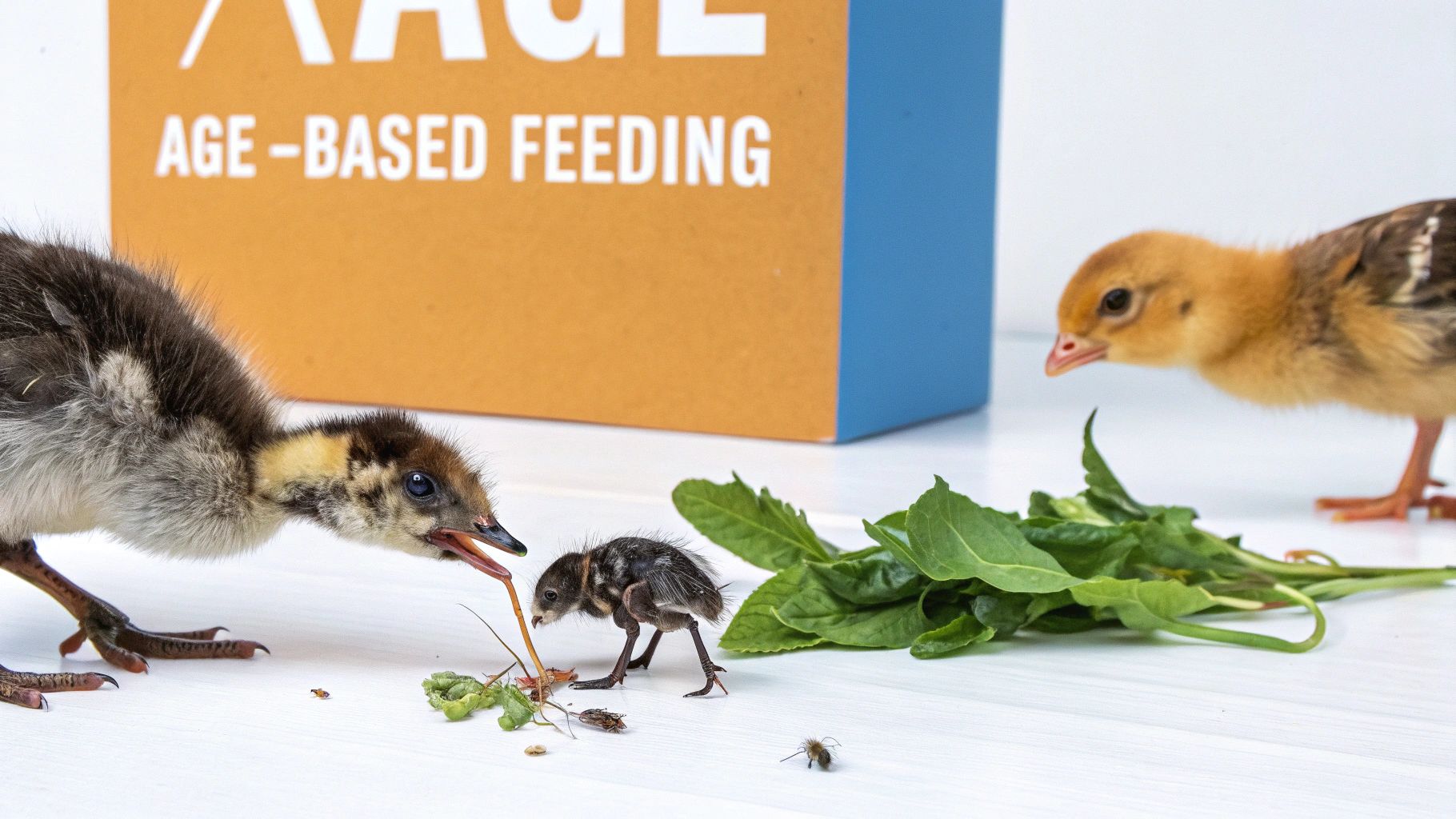 Three chicks of different sizes feeding on insects and greens near an "AGE-BASED FEEDING" sign.