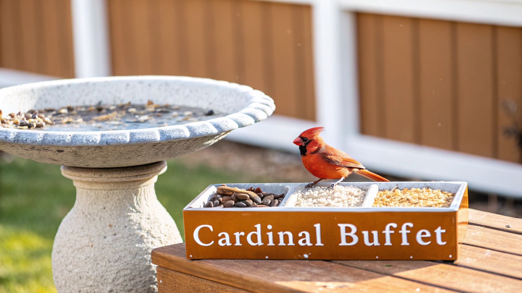 A vibrant red cardinal perches on a "Cardinal Buffet" bird feeder next to a concrete bird bath.