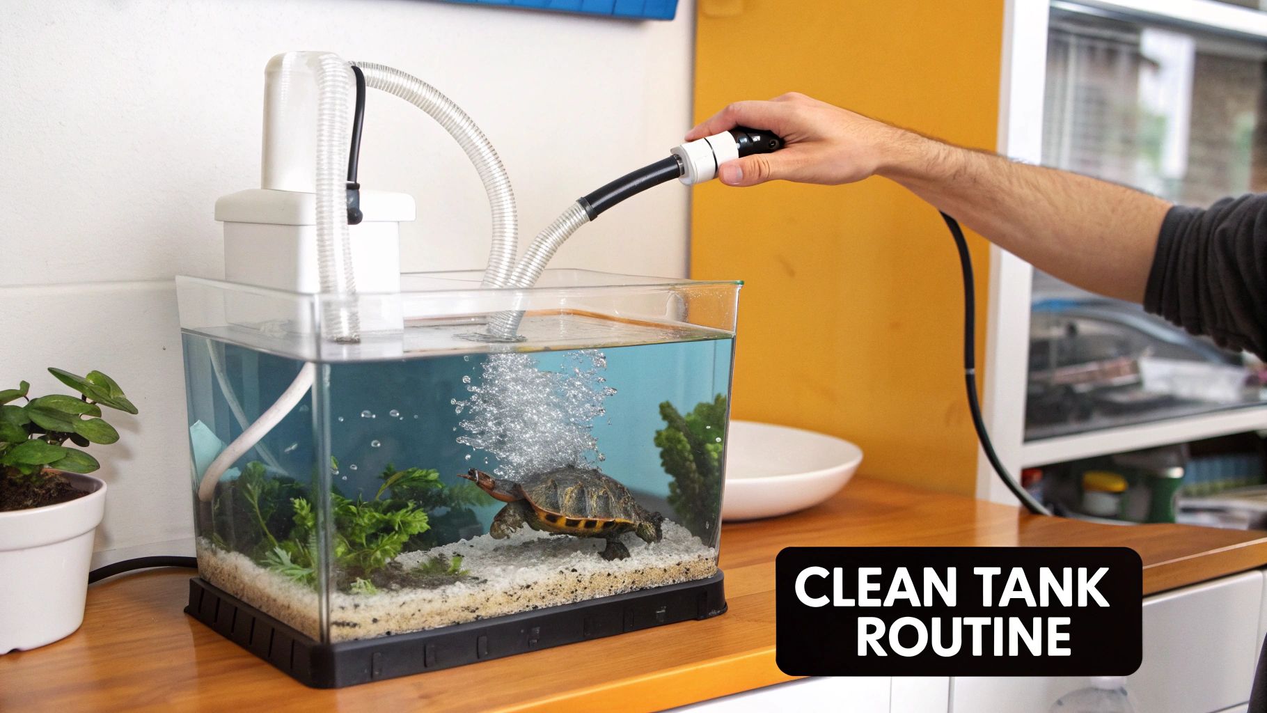 A person uses a siphon to clean a small pet turtle tank, demonstrating a tank cleaning routine.