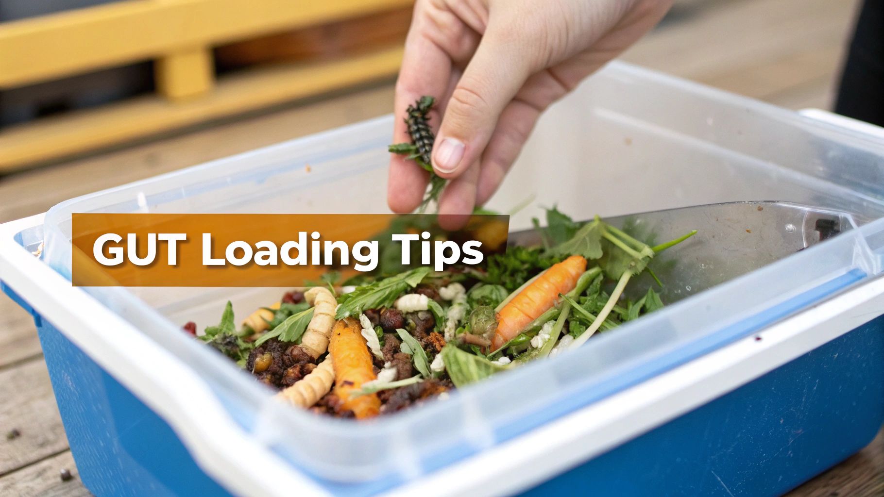 A hand adds a black caterpillar to a container of gut loading food, including carrots and worms.