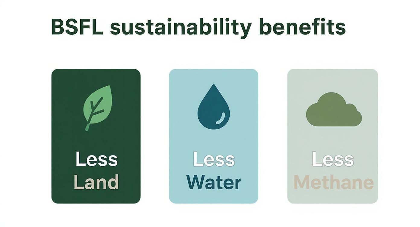 Infographic highlighting BSFL sustainability benefits: less land, water consumption, and methane emissions, represented by icons.