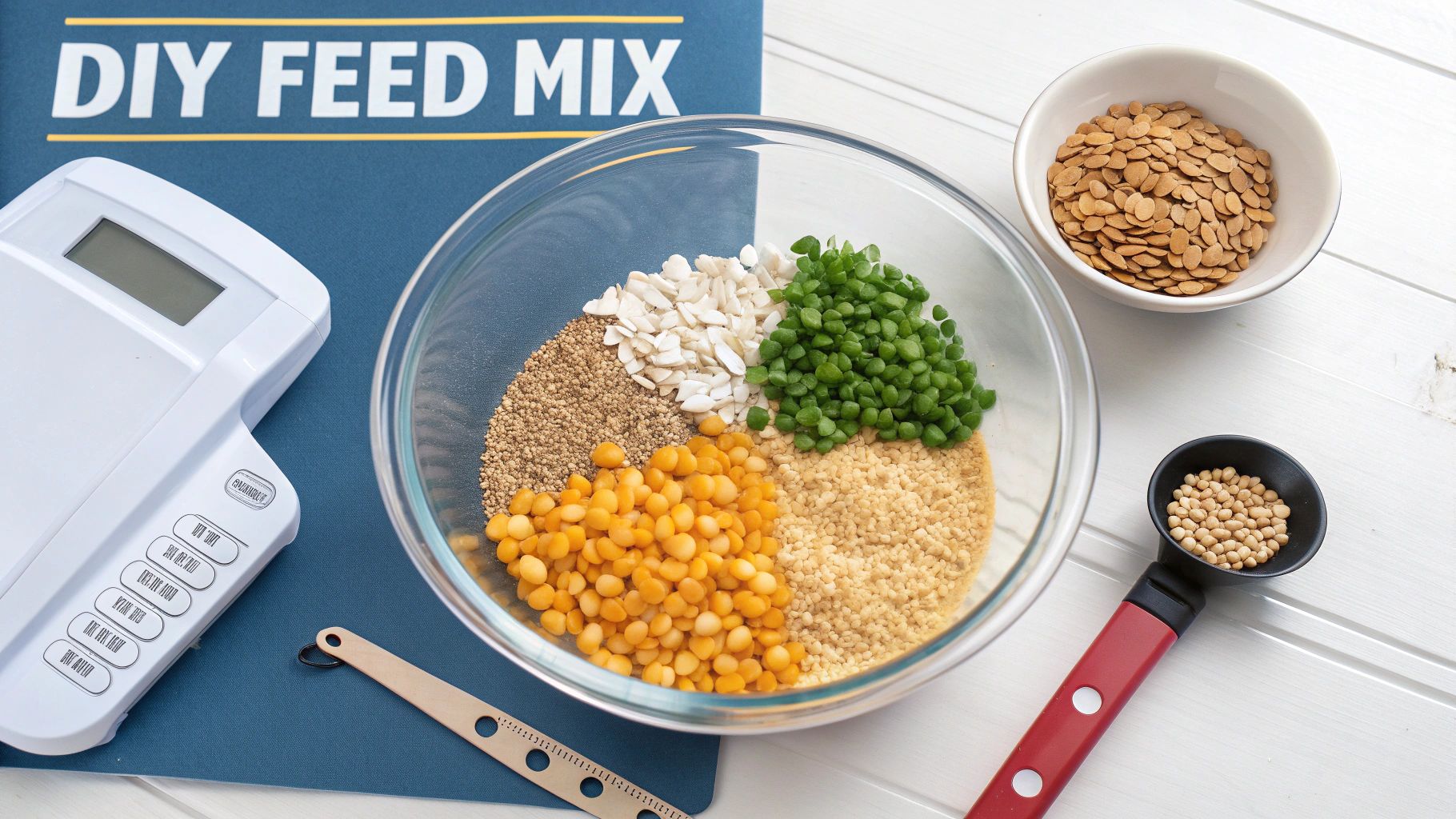 Ingredients for DIY chicken feed mix, including various grains and seeds, displayed with a scale and recipe book.