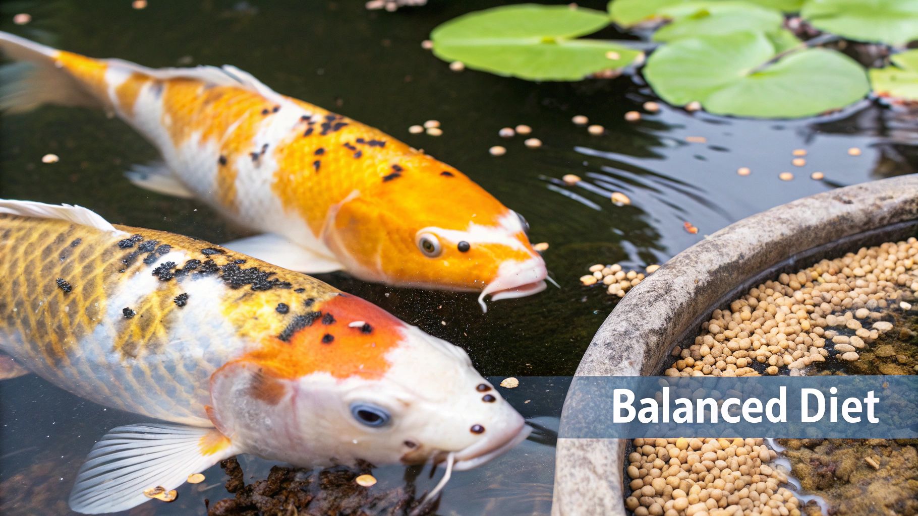 Two colorful koi fish swim in a pond next to a bowl of fish food, emphasizing a balanced diet.