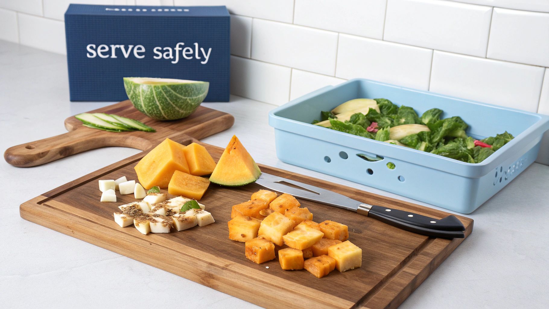 A spread of fresh fruits, cheeses, and vegetables on cutting boards in a kitchen setting.