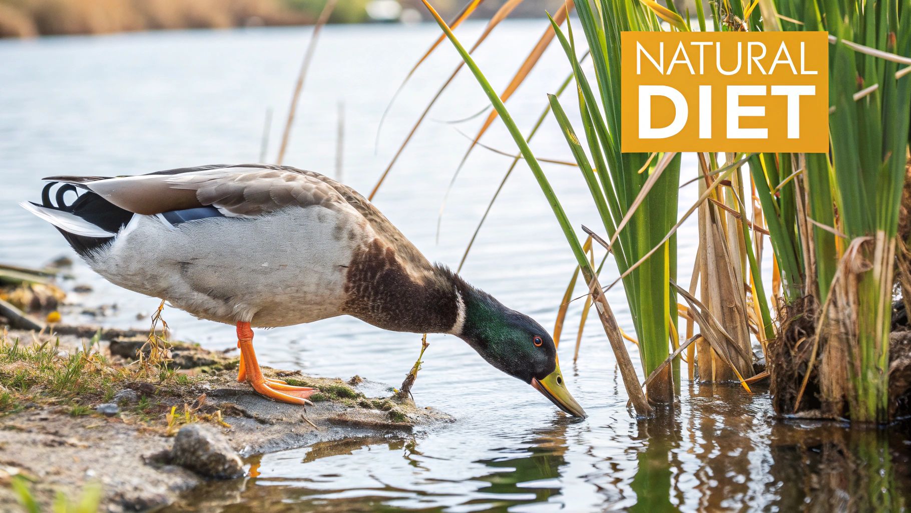 A duck foraging for food in a natural pond setting
