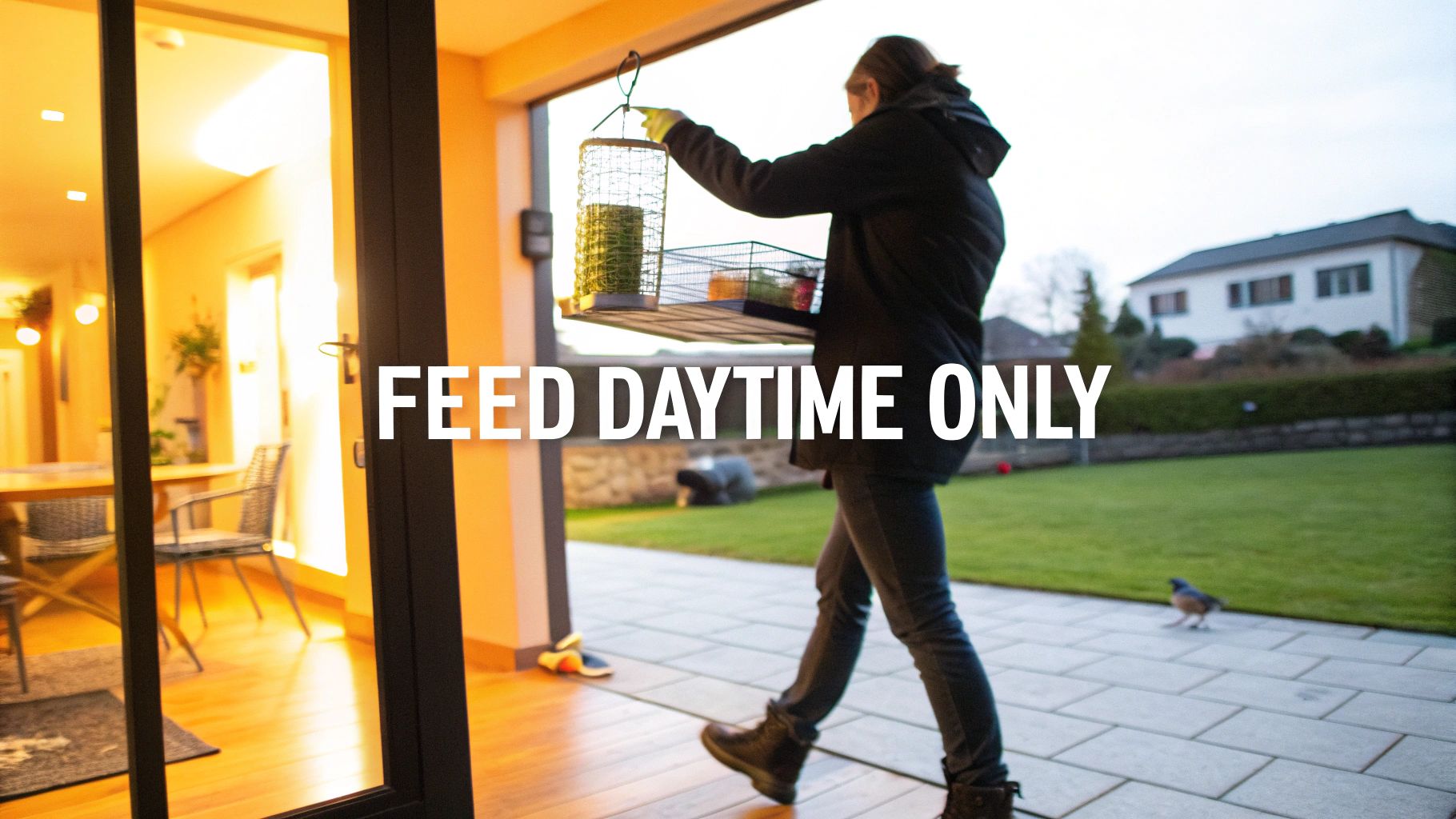 A person carries a large bird feeder and a tray of food outside onto a patio with a garden.