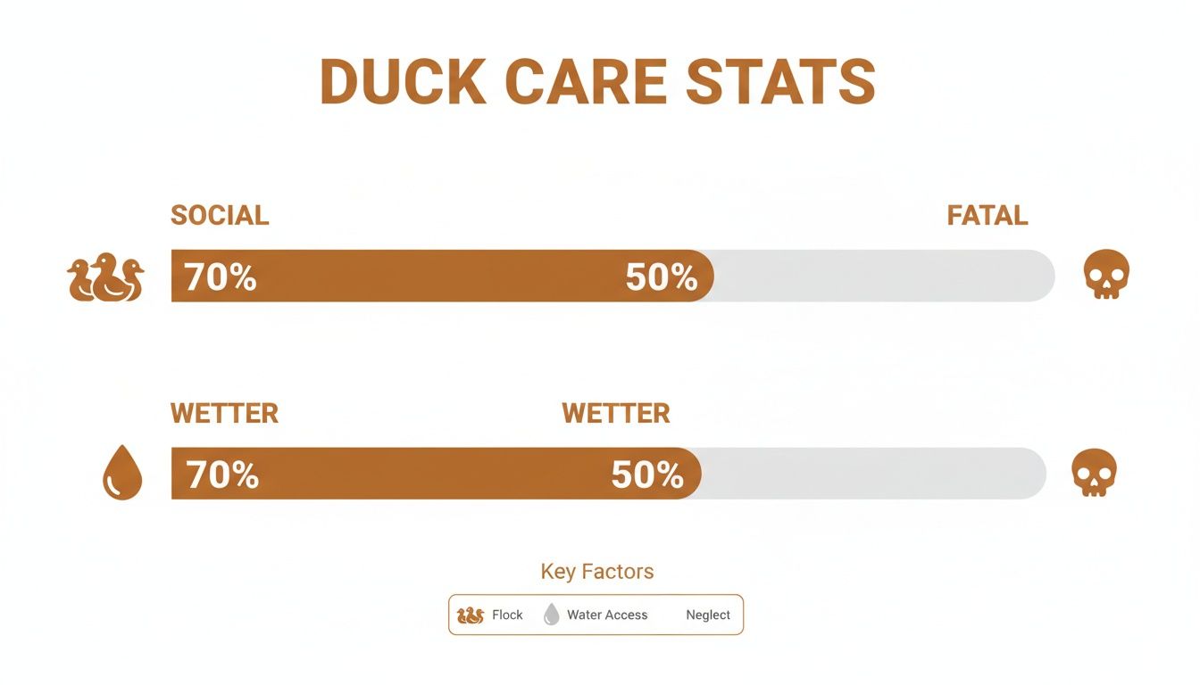 Infographic detailing duck care statistics, showing social interaction and water access impact on fatality rates.