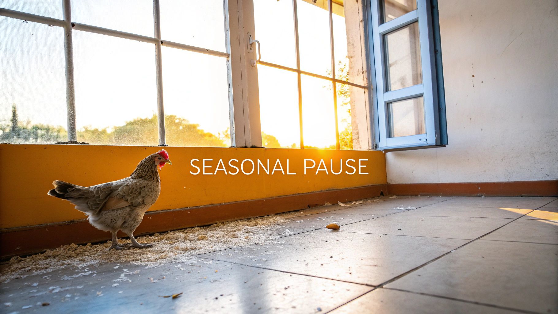 A domestic chicken stands indoors on a tiled floor, bathed in bright sunlight from a large window.