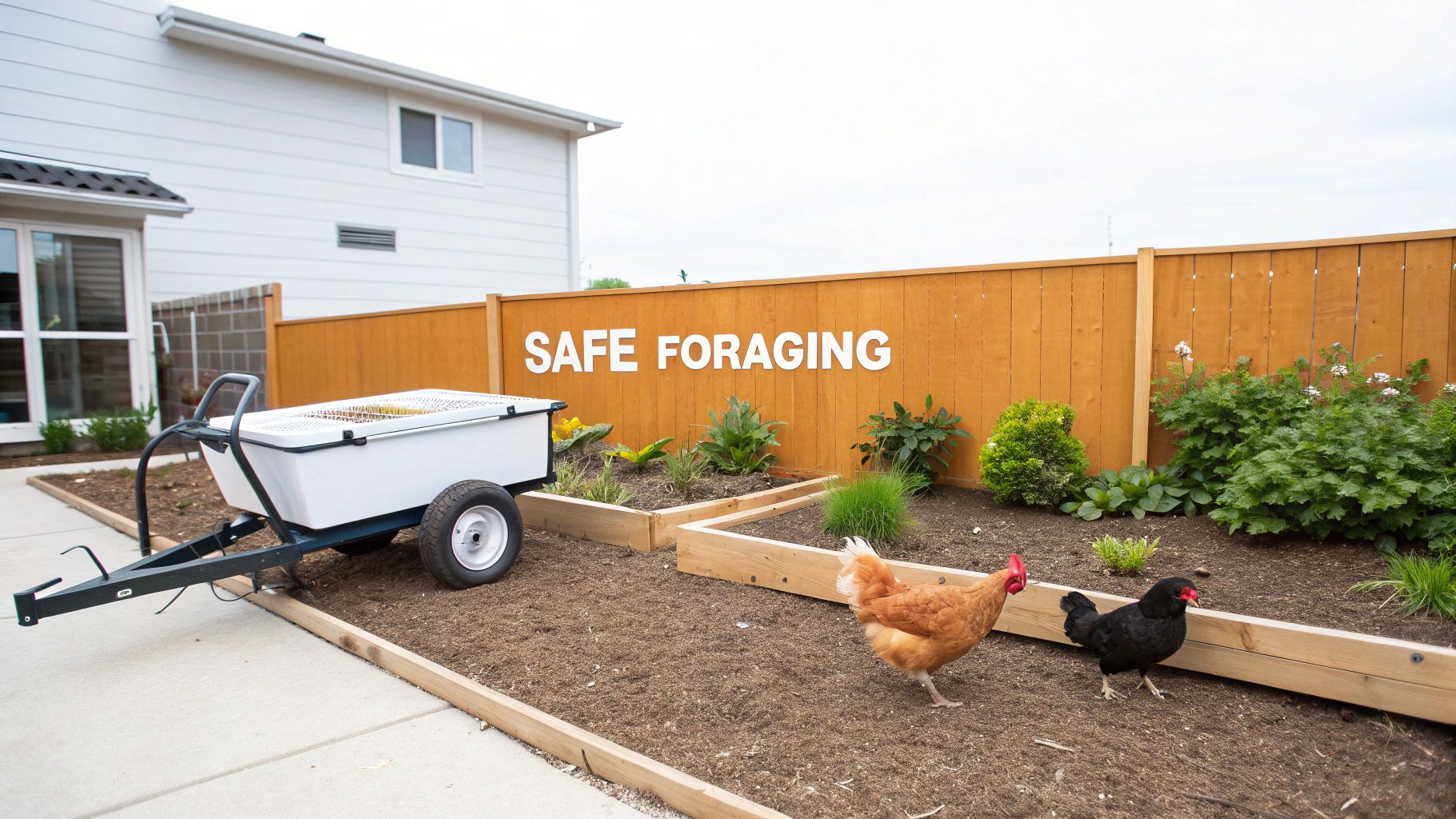 Two chickens forage in a garden with raised beds and a fence displaying 'SAFE FORAGING'.