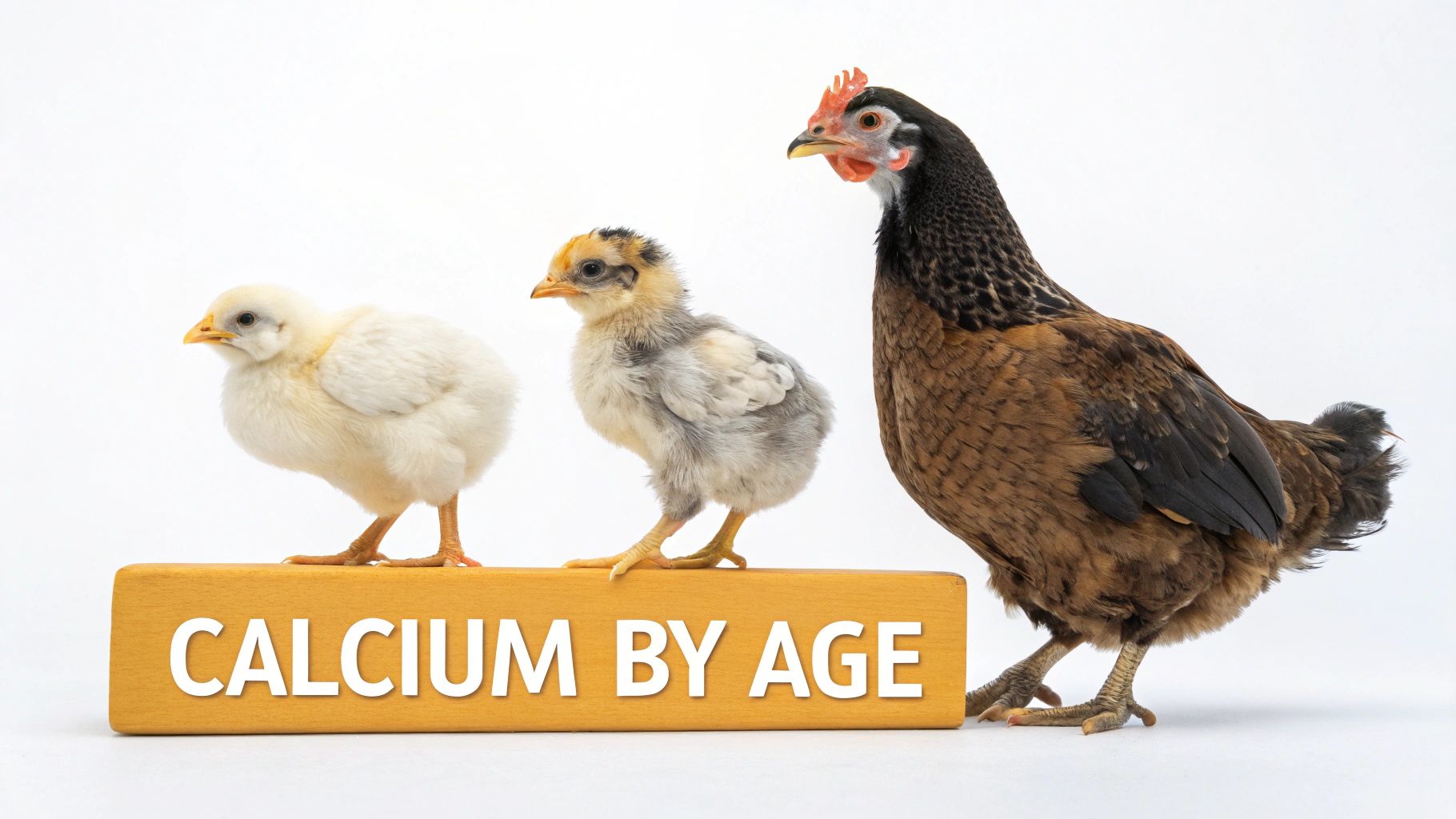Three chickens of different ages, a chick, a pullet, and a hen, stand next to a 'CALCIUM BY AGE' block.