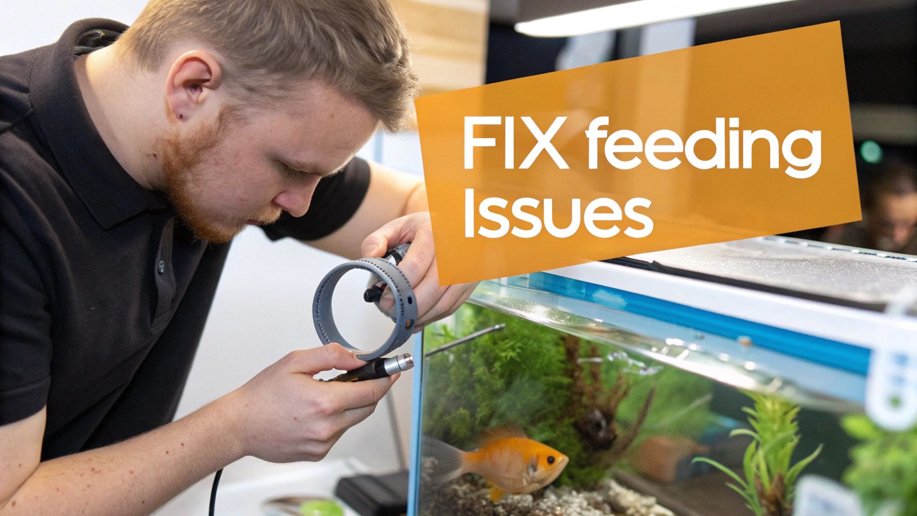 A person feeding fish in a well-maintained aquarium