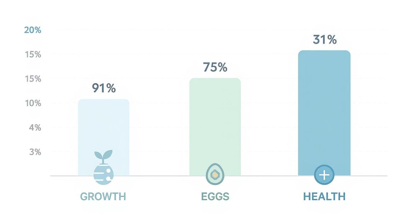 A bar chart displaying 91% for Growth, 75% for Eggs, and 31% for Health categories.