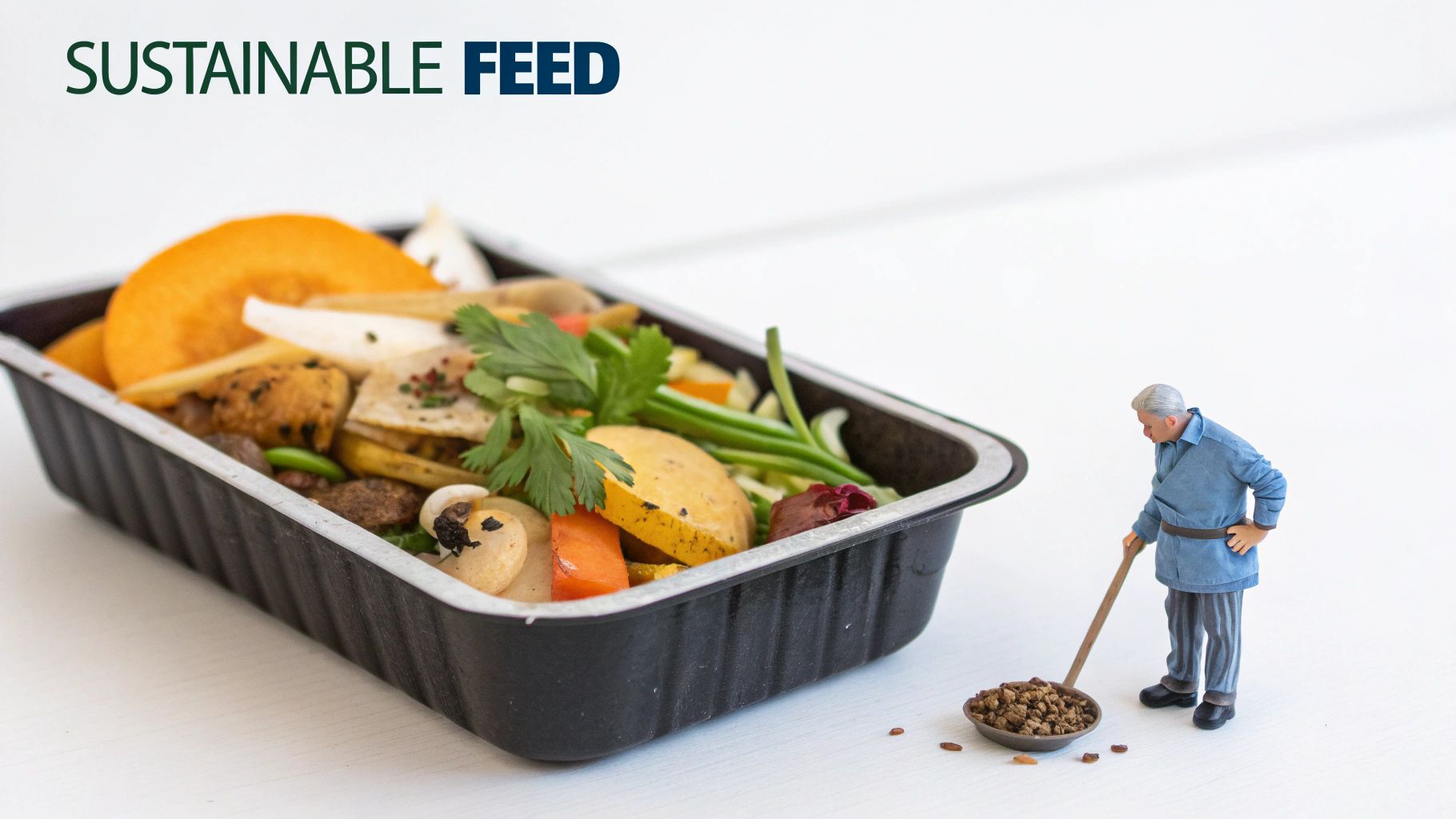 Woman holding a handful of dried black soldier fly larvae with chickens in the background