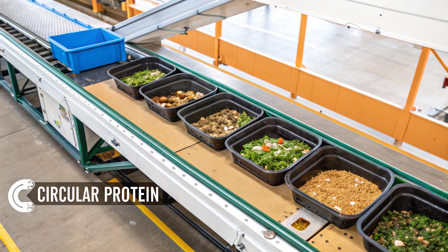 A close-up of black soldier fly larvae consuming food waste, illustrating the upcycling process.