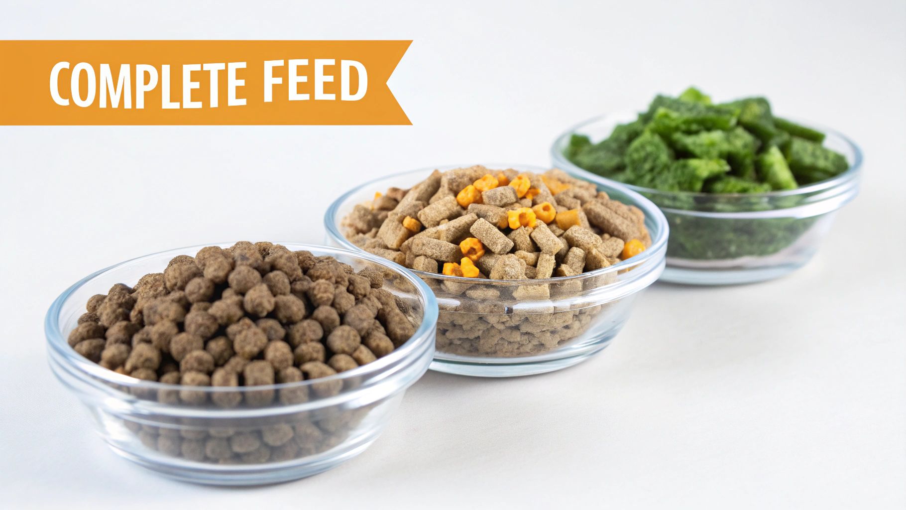 Three clear bowls containing different types of complete animal feed, including pellets and greens.