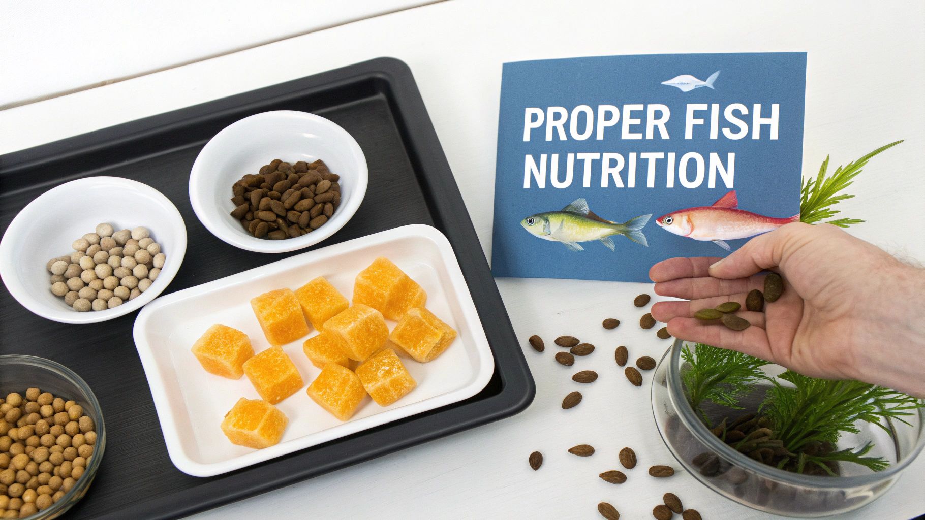 Various types of fish food, a hand offering pellets, and a 'Proper Fish Nutrition' guide.